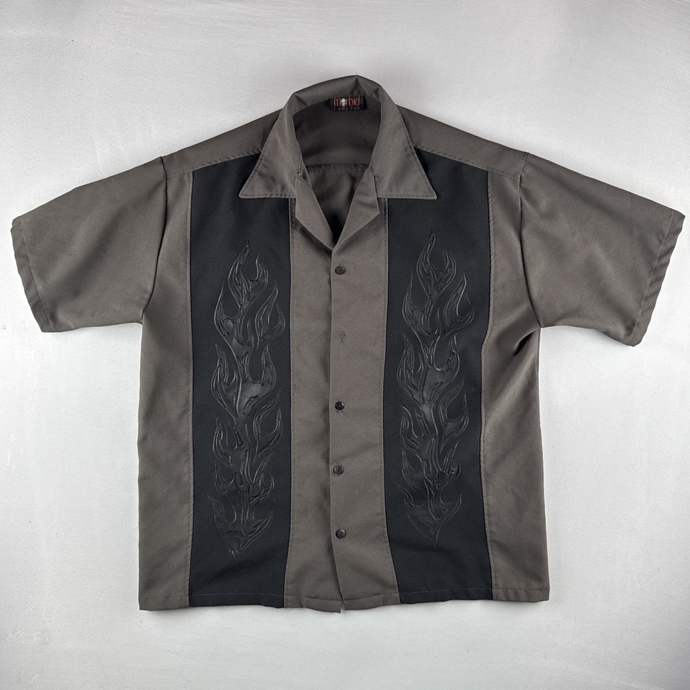 Y2K Morbid Threads Flame Panel Bowling Shirt Goth Rock Biker XL